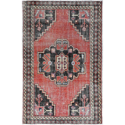 Overdyed & Vintage Wool Hand Knotted Rug Red Ivory 3.10X5.11 -O086055