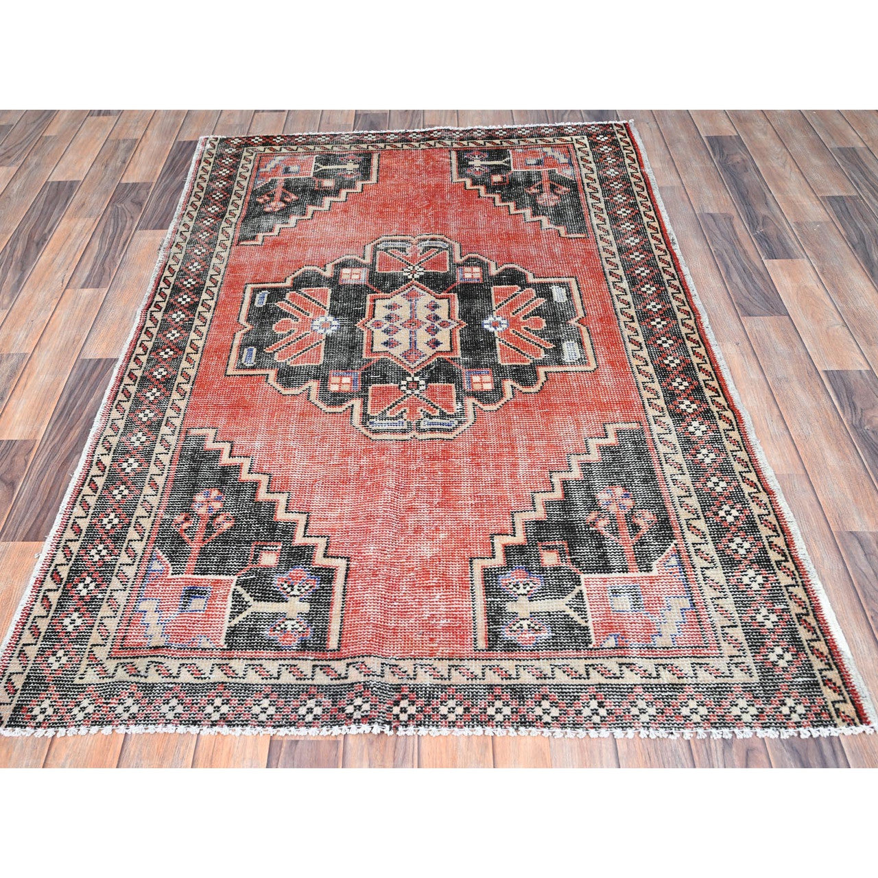 Overdyed & Vintage Wool Hand Knotted Rug Red Ivory 3.10X5.11 -O086055