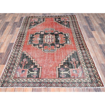 Overdyed & Vintage Wool Hand Knotted Rug Red Ivory 3.10X5.11 -O086055