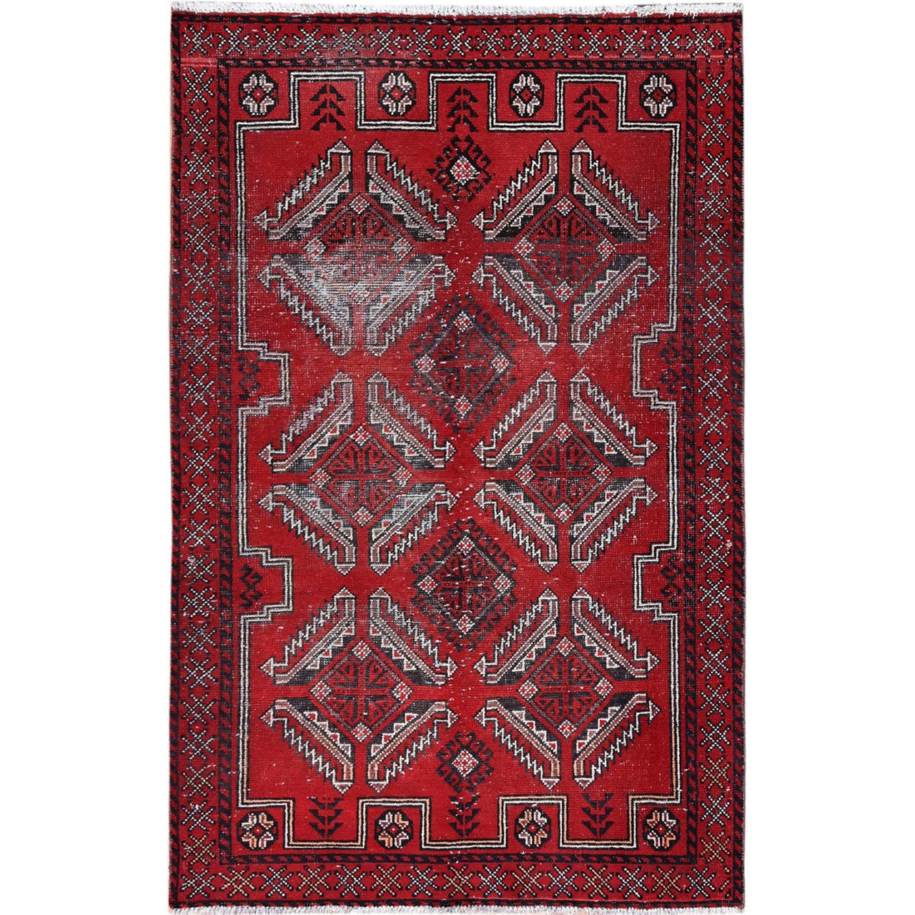 Red 4'0" x 6'5" Overdyed & Vintage Hand knotted Wool Rug - Sku: O086068