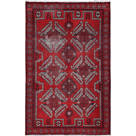 Overdyed & Vintage Wool Hand Knotted Rug Red Red 4.0X6.5 -O086068