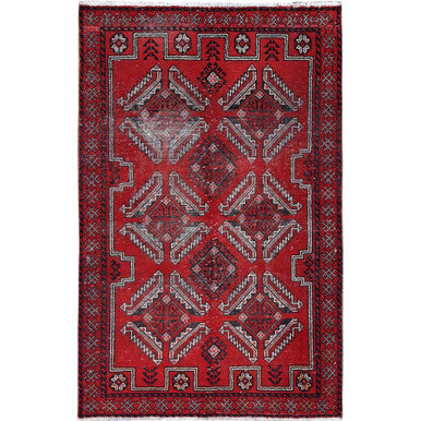 Overdyed & Vintage Wool Hand Knotted Rug Red Red 4.0X6.5 -O086068