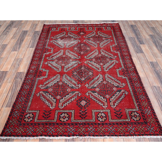 Overdyed & Vintage Wool Hand Knotted Rug Red Red 4.0X6.5 -O086068