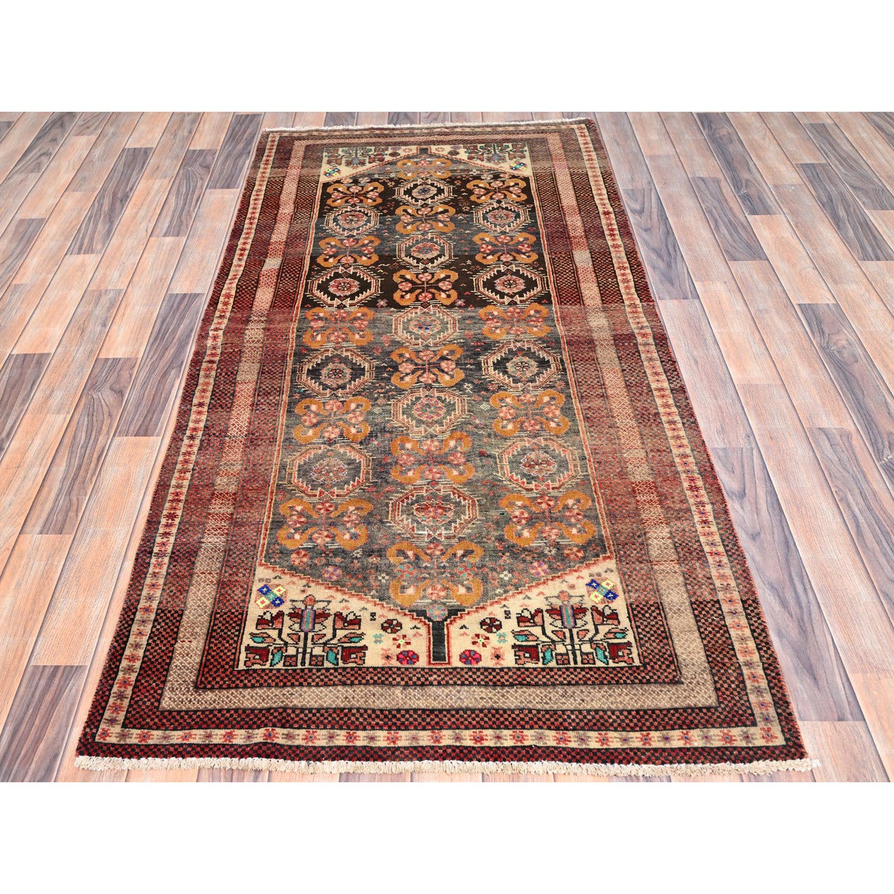 Overdyed & Vintage Wool Hand Knotted Rug Brown Beige 3.3X6.6 -O086071