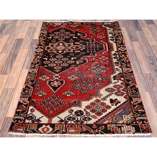 Overdyed & Vintage Wool Hand Knotted Rug Red Black 3.2X4.10 -O086080
