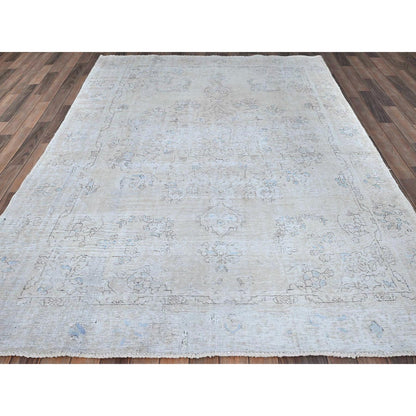 Overdyed & Vintage Wool Hand Knotted Rug Ivory White 6.3X9.0 -O086100