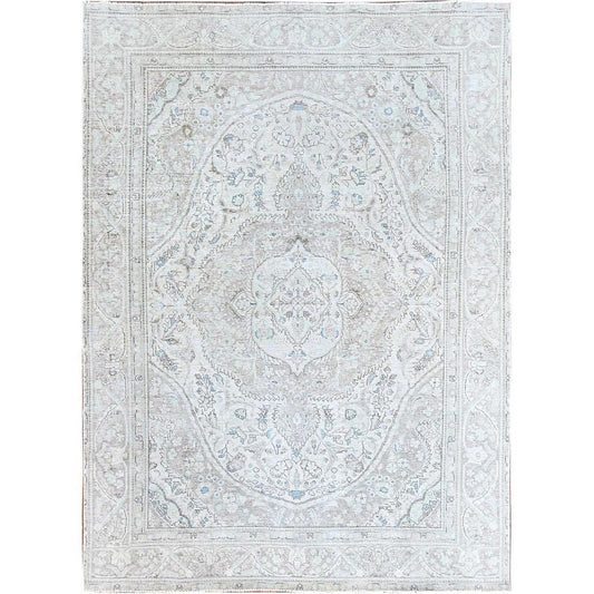 Overdyed & Vintage Wool Hand Knotted Rug Ivory Ivory 7.8X10.4 -O086105