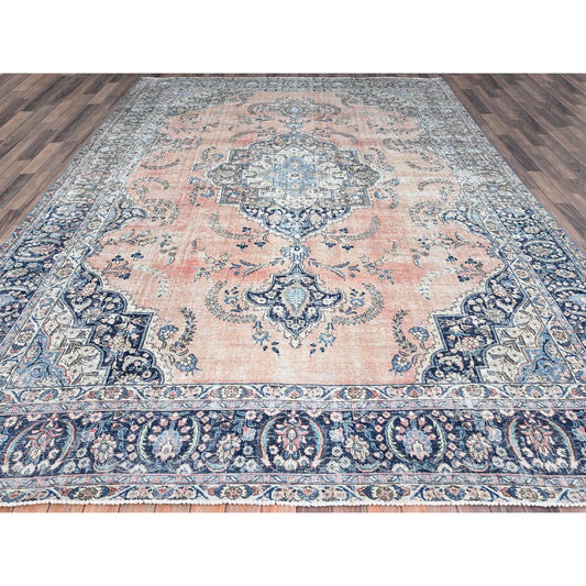 Overdyed & Vintage Wool Hand Knotted Rug Brown Blue 9.0X13.0 -O086114