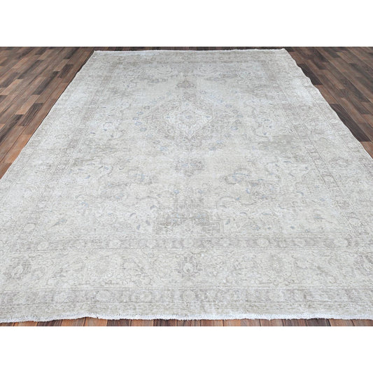 Overdyed & Vintage Wool Hand Knotted Rug Ivory Ivory 8.1X10.10 -O086115