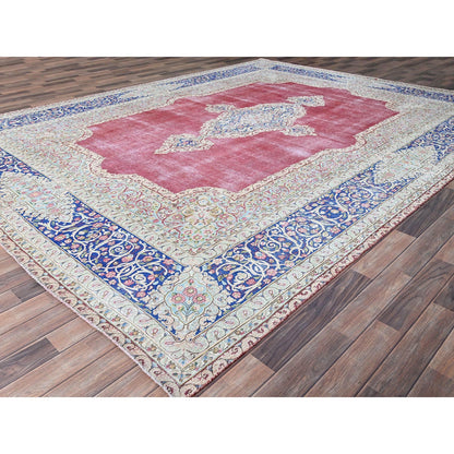 Overdyed & Vintage Wool Hand Knotted Rug Red Blue 9.5X13.0 -O086116