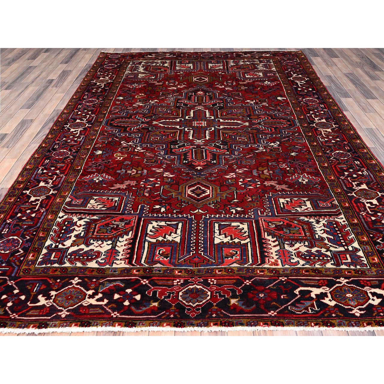 Red 7'1" x 10'4" Heriz Hand knotted Wool Rug - Sku: O086124