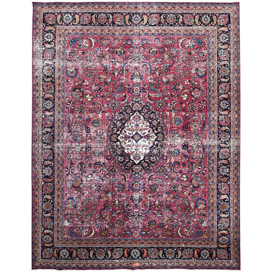 Overdyed & Vintage Wool Hand Knotted Rug Red Blue 10.0X12.7 -O086195
