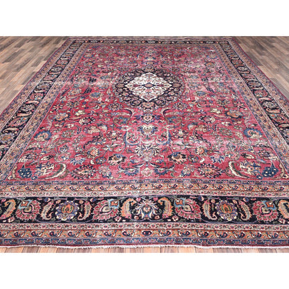 Overdyed & Vintage Wool Hand Knotted Rug Red Blue 10.0X12.7 -O086195