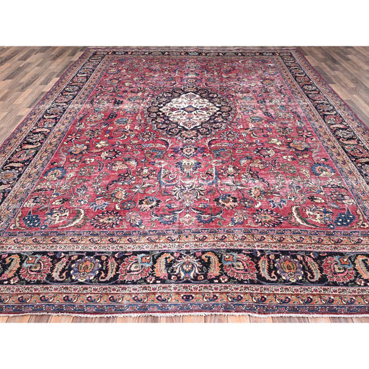 Overdyed & Vintage Wool Hand Knotted Rug Red Blue 10.0X12.7 -O086195