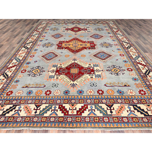 Kazak Wool Hand Knotted Rug Grey Ivory 9.10X13.8 -O086213