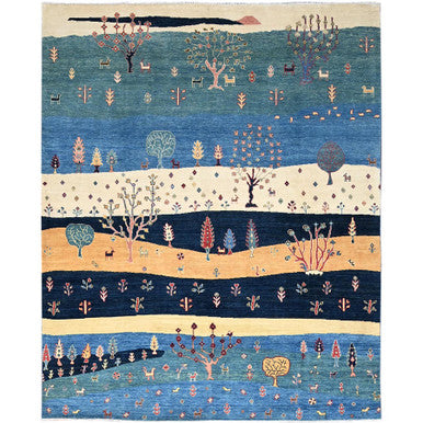 Tribal & Geometric Wool Hand Knotted Rug Blue No Border 8.0X9.7 -O086214