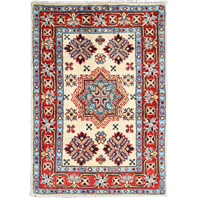 Kazak Wool Hand Knotted Rug Ivory Red 2.1X3.1 -O086222