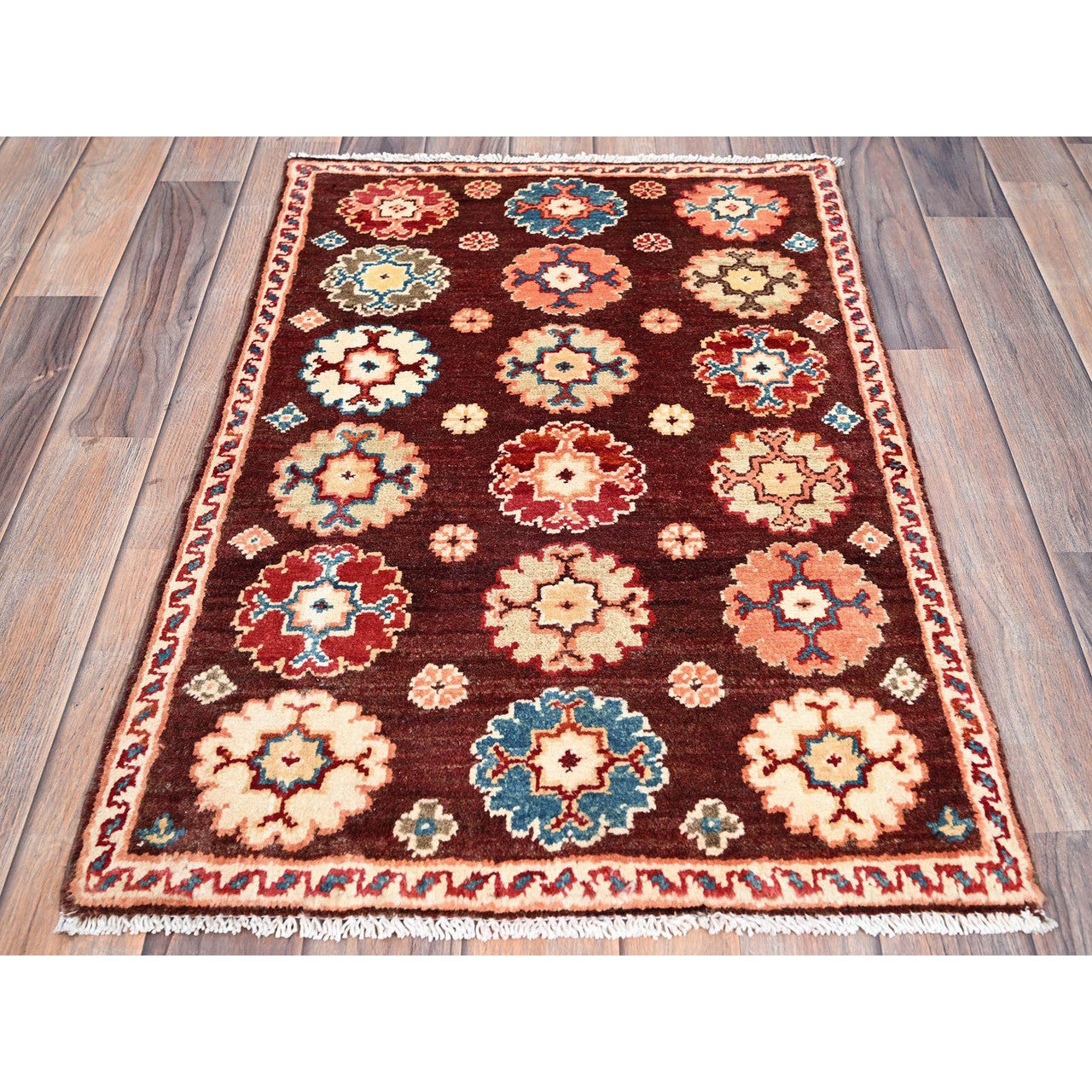 Brown 2'0" x 2'10" Kazak Hand knotted Wool Rug - Sku: O086241