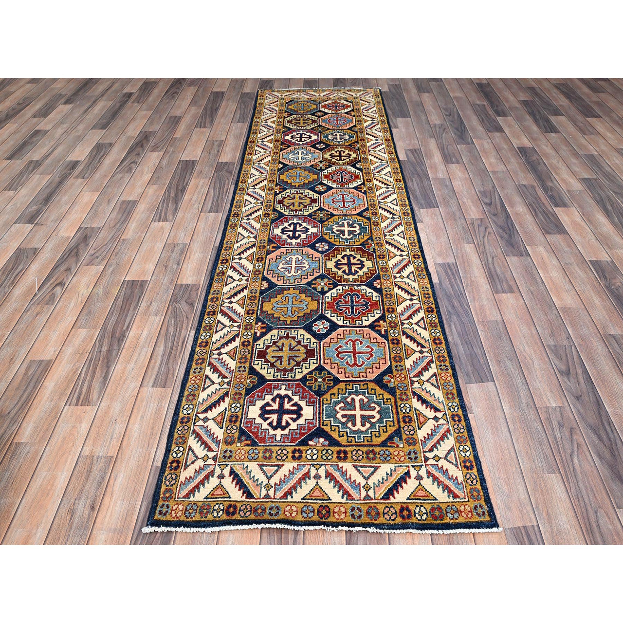 Blue 2'7" x 9'6" Kazak Hand knotted Wool Rug - Sku: O086248
