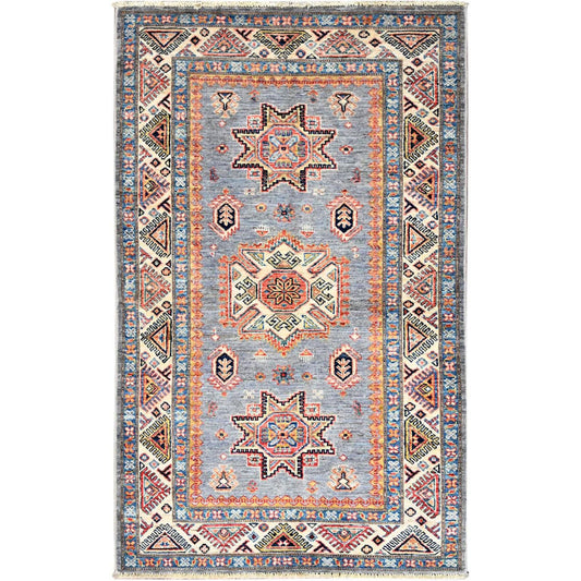 Kazak Wool Hand Knotted Rug Grey Gray 3.2X5.2 -O086310
