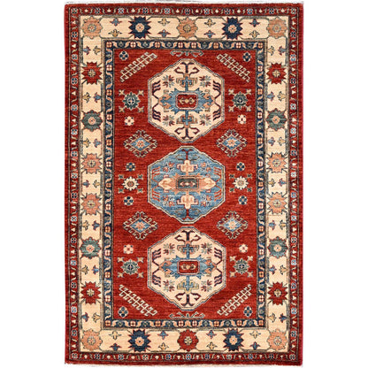 Kazak Wool Hand Knotted Rug Red Ivory 3.11X5.11 -O086321