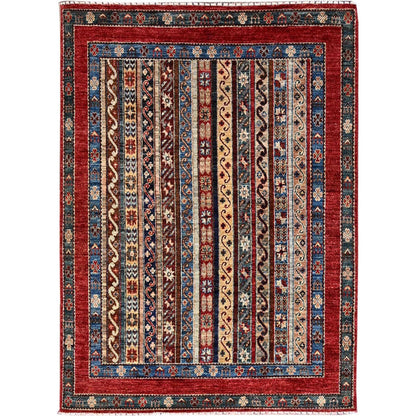 Tribal & Geometric Wool Hand Knotted Rug Beige Red 4.2X5.9 -O086360