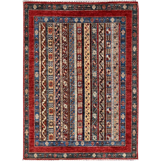 Tribal & Geometric Wool Hand Knotted Rug Beige Red 4.2X5.9 -O086360