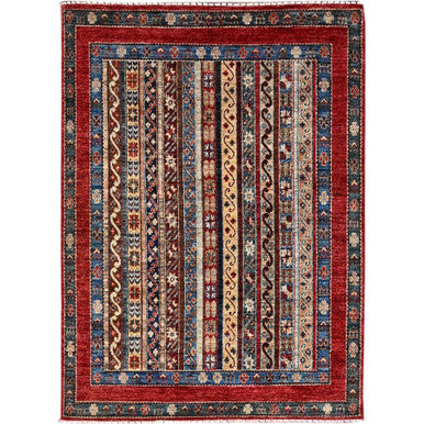 Tribal & Geometric Wool Hand Knotted Rug Beige Red 4.2X5.9 -O086360