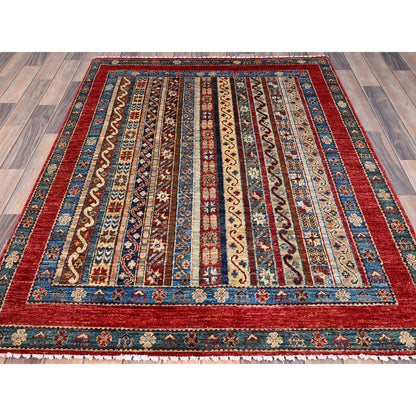 Tribal & Geometric Wool Hand Knotted Rug Beige Red 4.2X5.9 -O086360