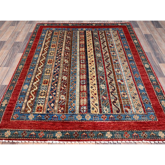 Tribal & Geometric Wool Hand Knotted Rug Beige Red 4.2X5.9 -O086360