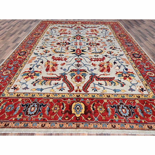 Heriz Wool Hand Knotted Rug Grey Red 10.3X13.6 -O086361