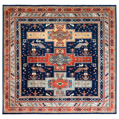 Tribal & Geometric Wool Hand Knotted Rug Blue Gray 11.5X11.9 -O086409