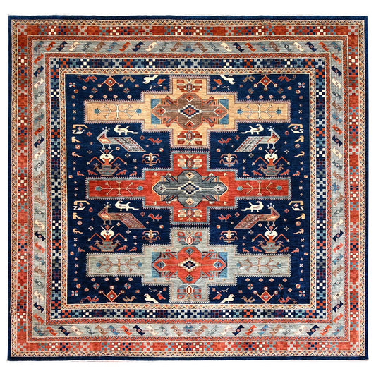 Tribal & Geometric Wool Hand Knotted Rug Blue Gray 11.5X11.9 -O086409