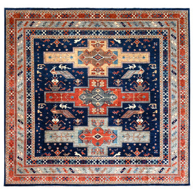 Tribal & Geometric Wool Hand Knotted Rug Blue Gray 11.5X11.9 -O086409