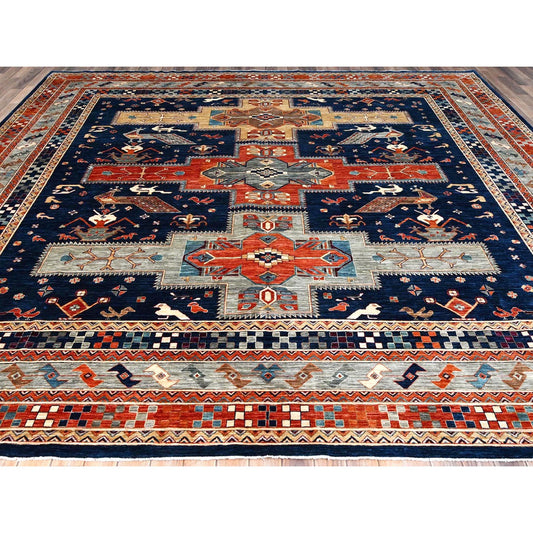 Tribal & Geometric Wool Hand Knotted Rug Blue Gray 11.5X11.9 -O086409