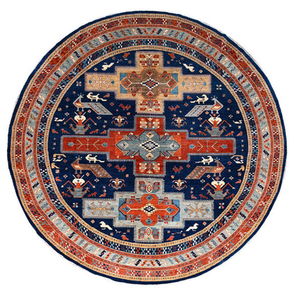 Tribal & Geometric Wool Hand Knotted Rug Blue Gray 11.7X11.7 -O086410
