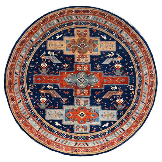 Tribal & Geometric Wool Hand Knotted Rug Blue Gray 11.7X11.7 -O086410