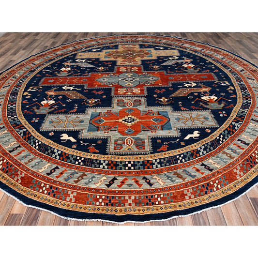Tribal & Geometric Wool Hand Knotted Rug Blue Gray 11.7X11.7 -O086410