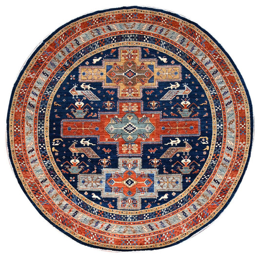 Tribal & Geometric Wool Hand Knotted Rug Blue Silver 7.11X7.11 -O086411