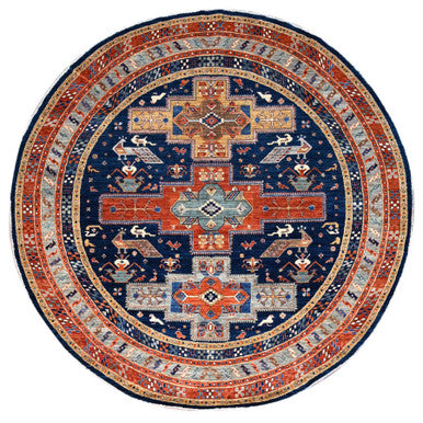 Tribal & Geometric Wool Hand Knotted Rug Blue Silver 7.11X7.11 -O086411