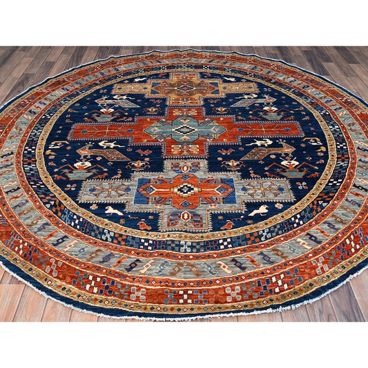 Tribal & Geometric Wool Hand Knotted Rug Blue Silver 7.11X7.11 -O086411