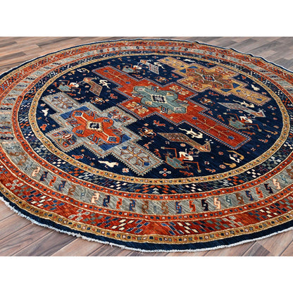 Tribal & Geometric Wool Hand Knotted Rug Blue Silver 7.11X7.11 -O086411
