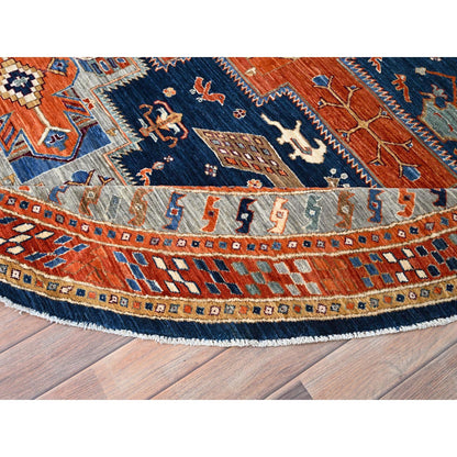 Tribal & Geometric Wool Hand Knotted Rug Blue Silver 7.11X7.11 -O086411