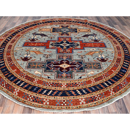 Tribal & Geometric Wool Hand Knotted Rug Grey Blue 7.10X8.0 -O086412