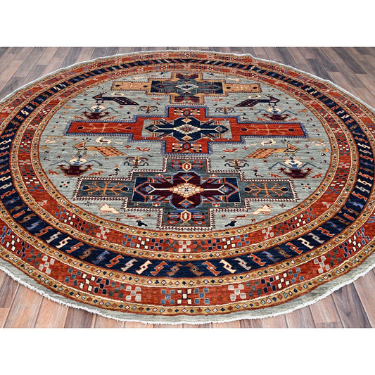 Tribal & Geometric Wool Hand Knotted Rug Grey Blue 7.10X8.0 -O086412