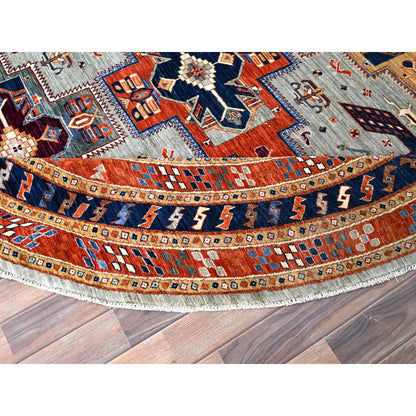 Tribal & Geometric Wool Hand Knotted Rug Grey Blue 7.10X8.0 -O086412