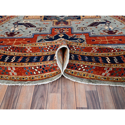 Tribal & Geometric Wool Hand Knotted Rug Grey Blue 7.10X8.0 -O086412