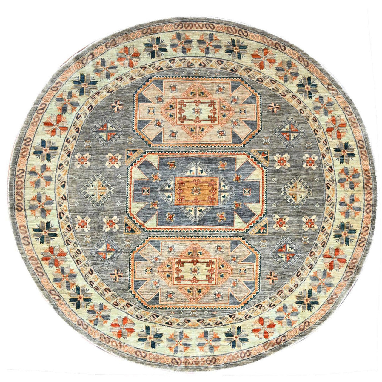 Tribal & Geometric Wool Hand Knotted Rug Grey Pomelo White 7.11X8.2 -O086413