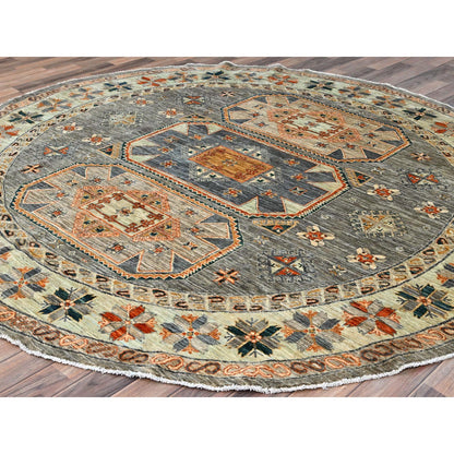 Tribal & Geometric Wool Hand Knotted Rug Grey Pomelo White 7.11X8.2 -O086413