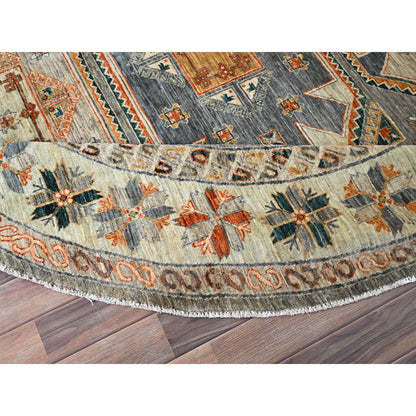 Tribal & Geometric Wool Hand Knotted Rug Grey Pomelo White 7.11X8.2 -O086413